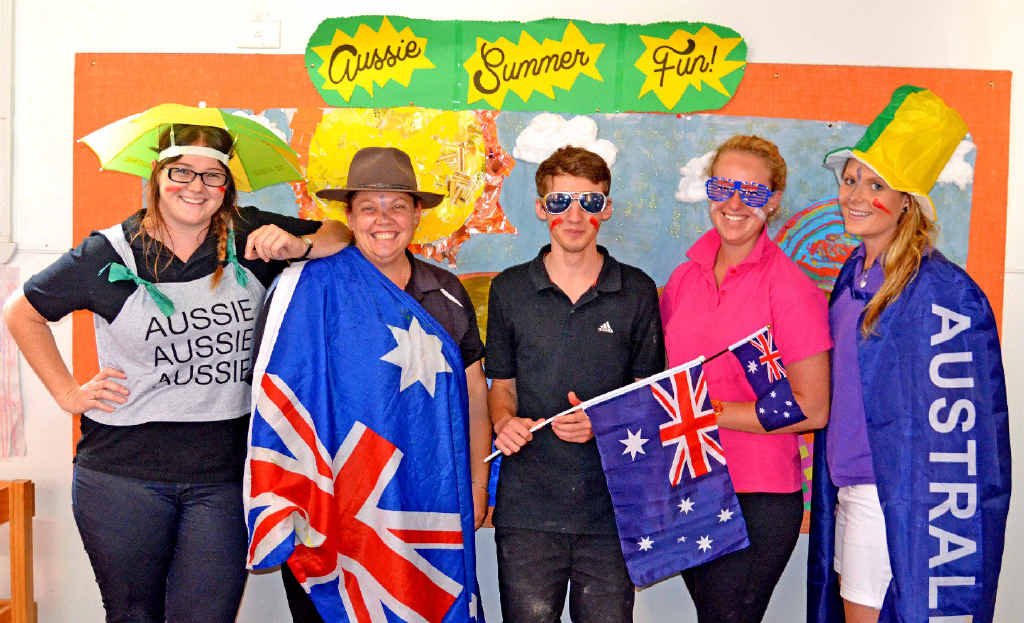 Kidzone staff lead by example in showing their Aussie pride (from left) Emma Lancaster, Leah Holmes, Lachlan Jones, Lucy Jackson and Emma Pails. Kidzone staff lead by example in showing their Aussie pride (from left) Emma Lancaster, Leah Holmes, Lachlan Jones, Lucy Jackson and Emma Pails.